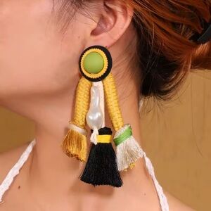 Large Colourful Tassel Statement Earrings Green Black Gold Cream Huge Chunky Big